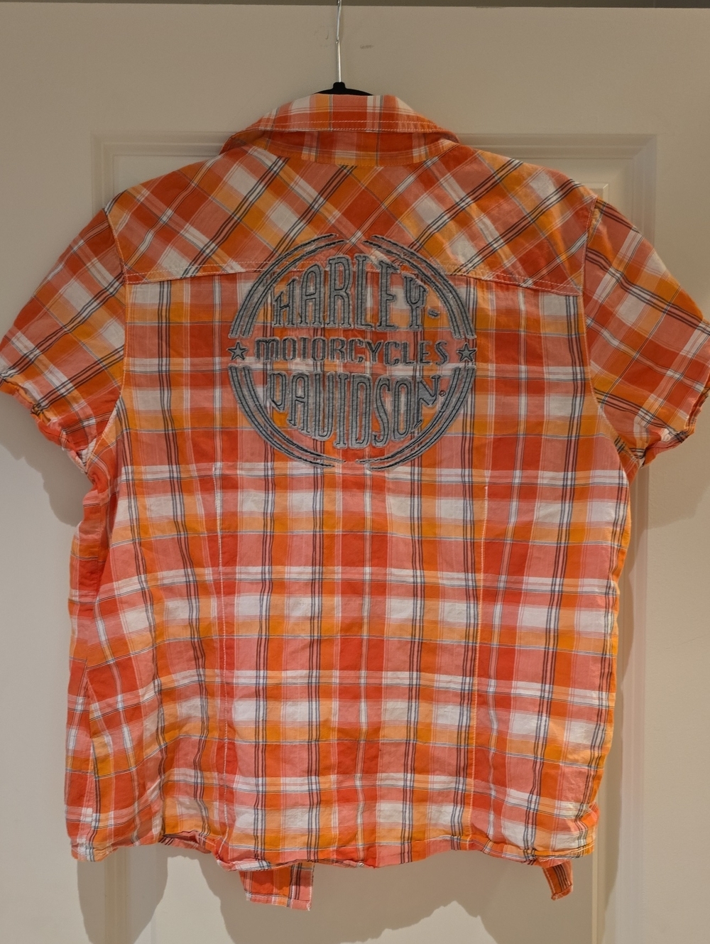 Harley-Davidson Orange and White Plaid Short-Sleeve Button-Up Shirt